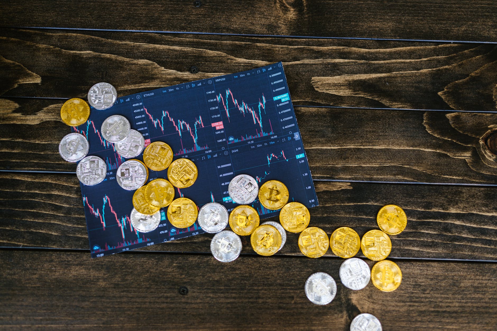 silver and gold coins on brown wooden table